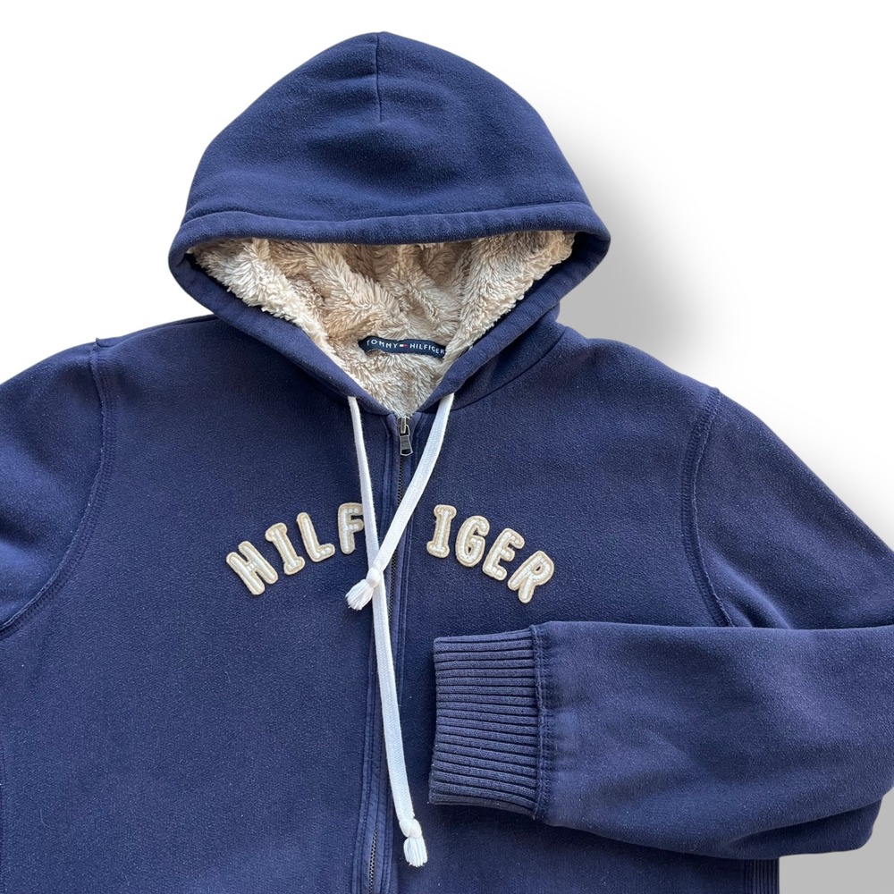 Tommy Hilfiger Sz. XXL Navy Blue Sherpa Lined Full Zip Hoodie Y2K Streetwear VTG